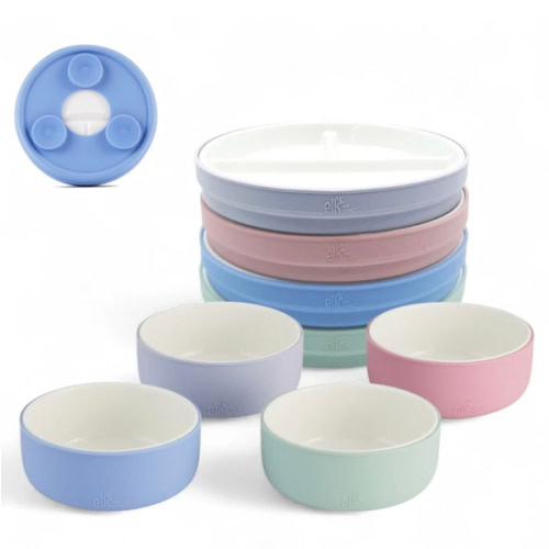 Kids Porcelain Mealtime Bundle | Suction Sleeves | 6.7" Plates + Bowls | 8 Pcs | Blush/Lilac/Sage/Misty Blue