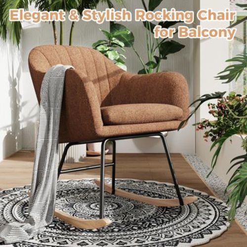 Nursery Rocking Chair, Upholstered Chenille Glider Rocker Chair, Modern Armchair With Wood Legs, Indoor Comfy Accent Chair Nursing Chairs Holds