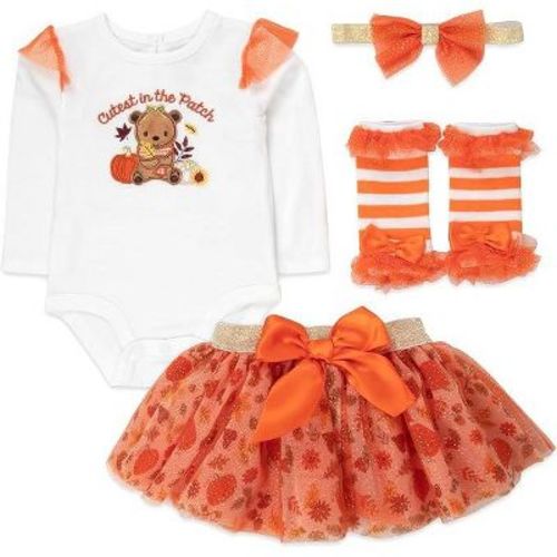 Baby Girl Holiday Outfit 4-Piece Set – Long Sleeve Bodysuit, Pants, Tutu Skirt & Headband – Halloween, Thanksgiving