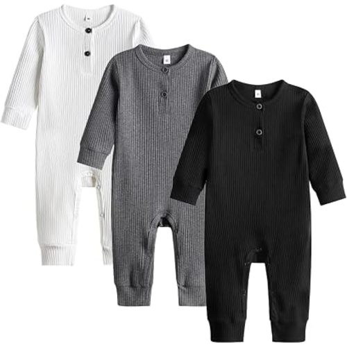 Bafeicao Baby Boy Girl 3 Pack Solid Romper Ribbed Long Sleeve