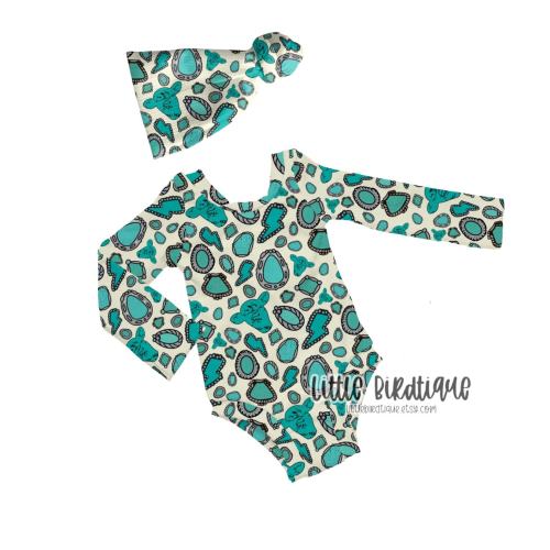 Turquoise Gemstones Western Leo Leotard Bodysuit Fringe Bell Sleeve Options