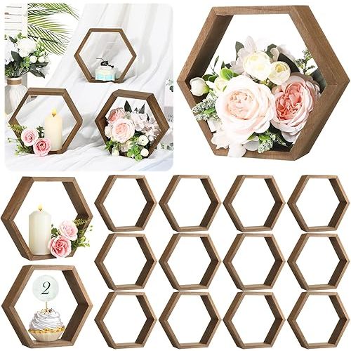 Barydat 12 Pcs 8 Inch Hexagon Shelves Hexagon Wood Centerpiece Geometric Terrarium Decorative Honeycomb Floating Storage Shelf for Wedding Table Decorations Home Office Room (Brown)
