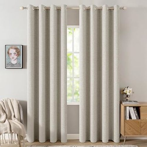 MIULEE 100% Blackout Linen Curtains for Bedroom Thermal Insulated Cobblestone Grommet Room Darkening Curtains & Drapes for Living Room 52 x 84 Inch (2 Panels)