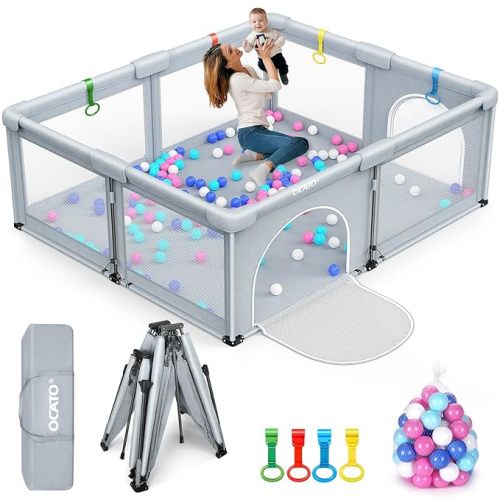 OCATO Baby Playpen: Foldable Playpen for Babies and Toddlers Large Play Pen Portable Playpen Fence Indoor Outdoor Kids Safety Area Travel Play Yard with 1 Storage Bag 4 Handlers 50 Balls (50" × 50")