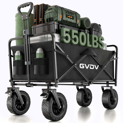 GVDV Collapsible Folding Wagon, 550LBS Large Heavy Duty Utility Cart with All-Terrain Wheels and Adjustable Handles for Shopping, Camping, Sports, Outdoor, Beach, Black