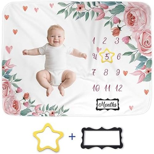 Baby Monthly Milestone Blanket 60"x40", Milestone Blanket for Baby Girl Boy, Newborn Photography Props Backdrop, Babys Growth Blankets, New Mom Dad Gifts, 12 Month Blankets for Babys First Year