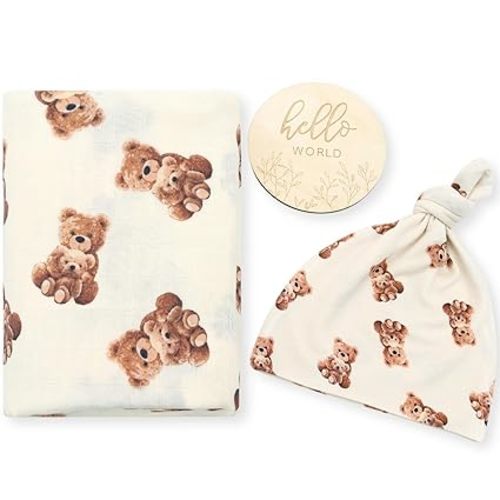 LifeTree Muslin Swaddle Blankets, Muslin Baby Swaddle Blanket and Hat Set with Birth Announcement Card, Newborn Unisex Receiving Blankets Bear Pattern