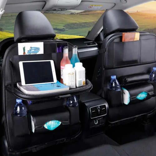 Engineered Car Seat Back Organizer with Foldable Table Tray - PU Leather Storage with Pockets & Kick Mats - Car Seat Back Organizer with Foldable Table Tray - PU Leather Storage with Pockets & Kick Mats