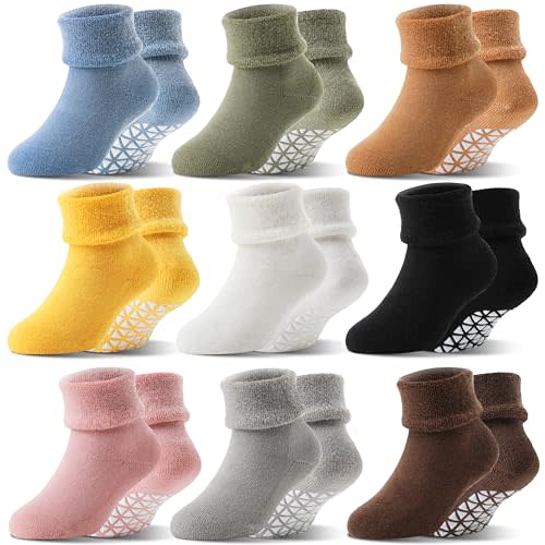 Toddlers Kids Grips Socks Warm Thermal Winter Thick Anti Slip Non Skid Ankle Crew Socks 9 Pairs for Baby Boys Girls Infants