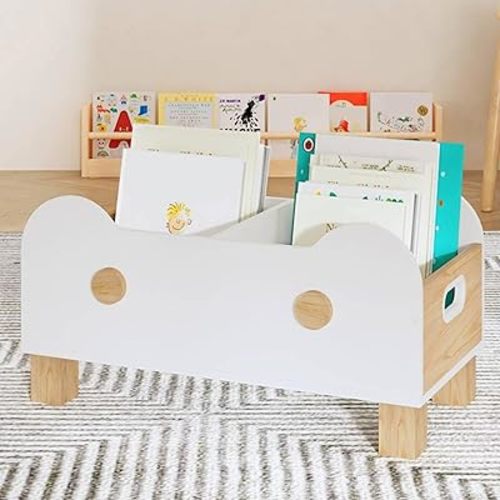 HOOBRO Kids Bookshelf for Toddlers, Wooden Book Shelf for Kids Rooms, Cute Book Caddy with Dividers, Floor Book Rack, Toy Storage for Playroom, Nursery, White and Natural WN20CW01