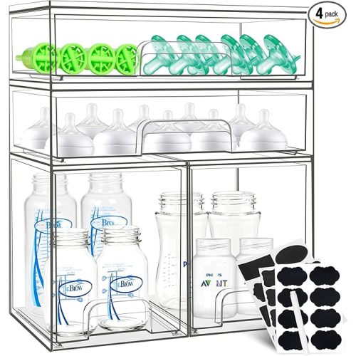 Baby Bottle Organizer, 4 Pack Stackable Storage Drawers with Labels, Clear Station Organizers Container for Pacifiers, Pump Parts, Desk Organizer Bins for Bathroom, Cabinet, Pantry, Vanity, Countertop