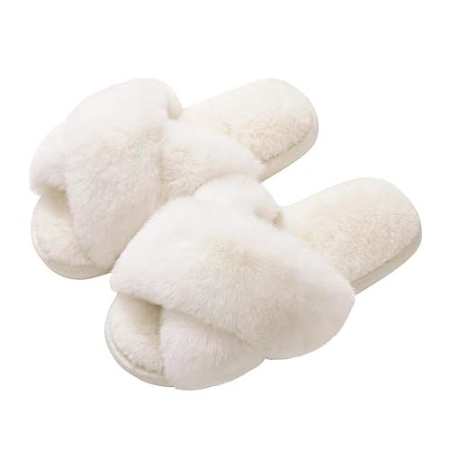 Evshine Memory Foam Fuzzy House Slippers for Women | Faux Fur Cross Band Open Toe Indoor Slippers, Gifts for Women, Moms and Bridesmaids