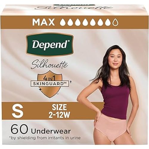 Depend Silhouette Adult Diapers, Incontinence & Postpartum Bladder Leak Underwear for Women, Maximum Absorbency, Small, Pink, 60 Count (2 Packs of 30), Packaging May Vary