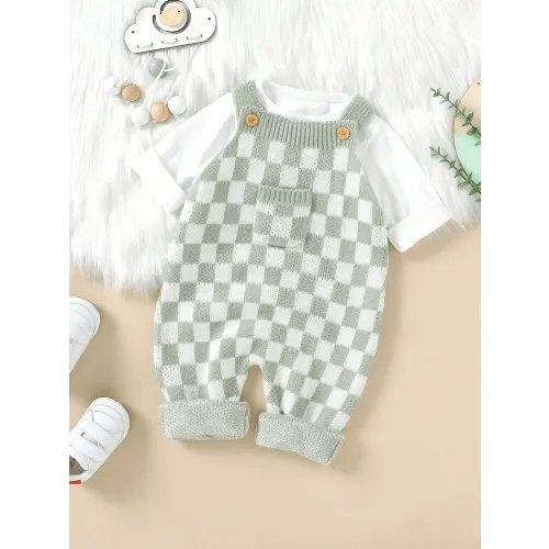 SHEIN Baby Girl Checker Pattern Flap Pocket Overall Knit Jumpsuit Without Tee, For Christmas Autumn Fall | SHEIN USA