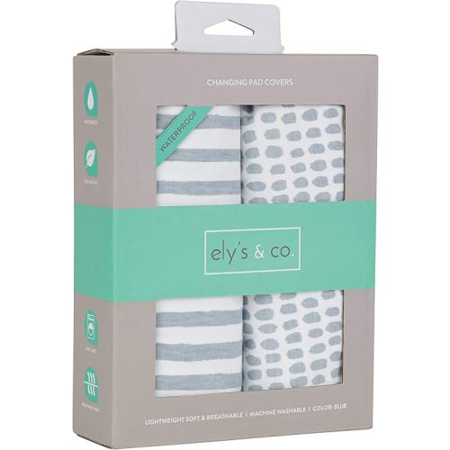 Ely’s & Co. Patent Pending Waterproof Changing Pad Cover|Cradle Sheet 2-Pack Set for Baby Boy - 100% Cotton, Jersey Knit Cotton Sheets with Waterproof Lining — Misty Blue, Stripes and Splashes