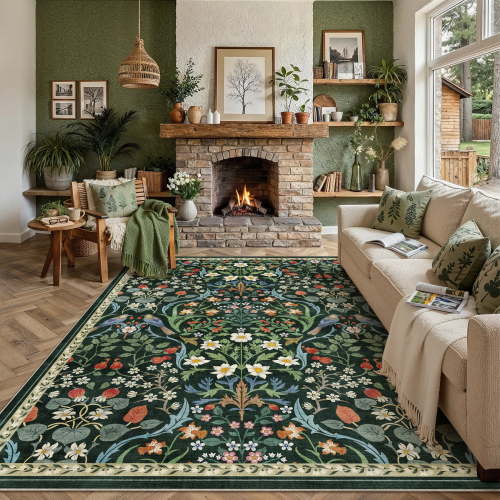 BERTHMEER 5'x7' Area Rugs for Living Room Bedroom Kitchen Farmhouse Rugs Non Slip Washable Floral Vintage Green Carpets Oriental Flower Office Dorm Dining Room Throw Rugs, Multicolor