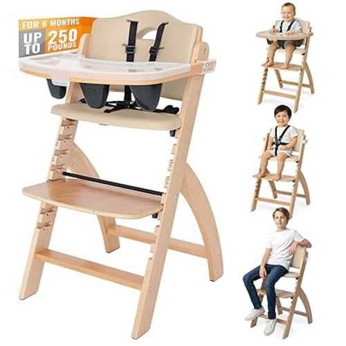 Abiie Beyond Junior Wooden High Chair for Babies and Toddlers - Convertible 3-in-1 Baby Highchair with Removable Tray - 6 Months to 250 Lb - Water Resistant - Natural Wood/Dove Grey Cushion