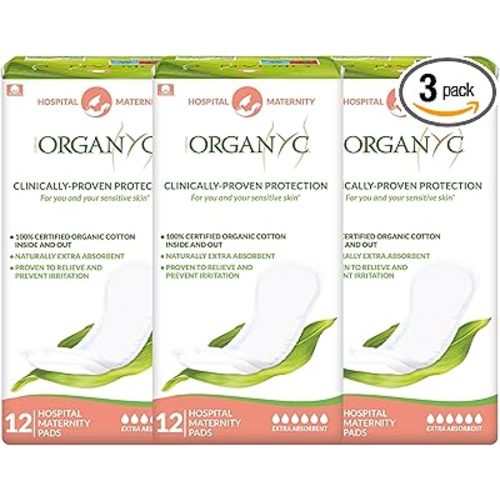 Organyc Hospital Postpartum Pads, 100% Certified Organic Cotton Inside and Out for Women, for First Days After Delivery, 3 Pack of 12 Count