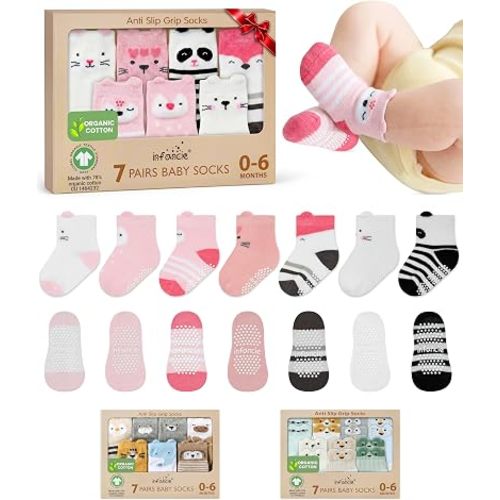 Organic Cotton GOTS Certified Non-Slip Baby Socks 0-6 Months - 7 Pairs Soft Breathable Newborn Socks Animal Design For Infant