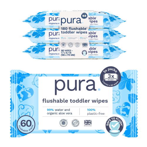 Pura Flushable Toddler Wipes Fragrance Free EWG Verified Plastic Free, 180ct (Choose Your Count)