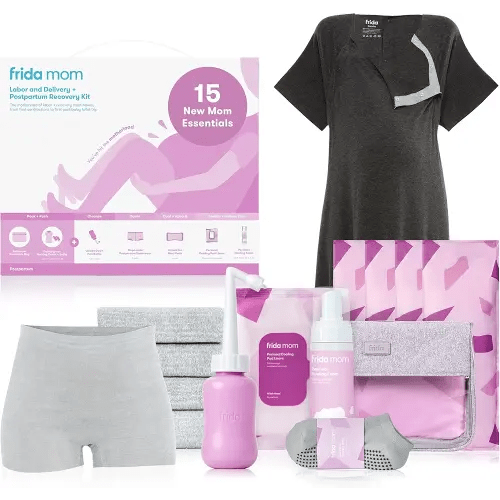 Frida Mom 15pc Labor & Postpartum Kit Gift Set for Baby Showers & Mom to Be, Includes Peri Bottle, Nursing Gown, Disposable Underwear, Ice Maxi Pads, Pad Liners, Perineal Foam, Socks & Toiletry Bag