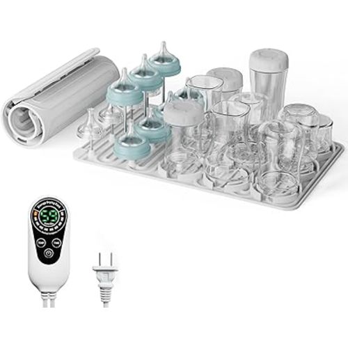 Baby Bottle Drying Rack, Bottles Rack Dryer with Heating & Timer, Fast Dry Silicone Bottle Storage Organizer, Space Saving Kitchen Bottle Rack Dryer for Bottles and Pacifiers