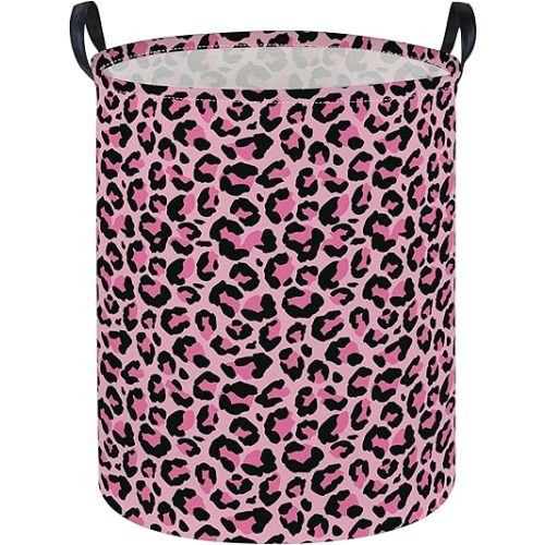 Essme Kids Laundry Basket,Pink Hamper Collapsible Canvas Waterproof Storage Bin for Girls, Leopard Print Hamper,Gift Baskets(Pink Leopard Print)