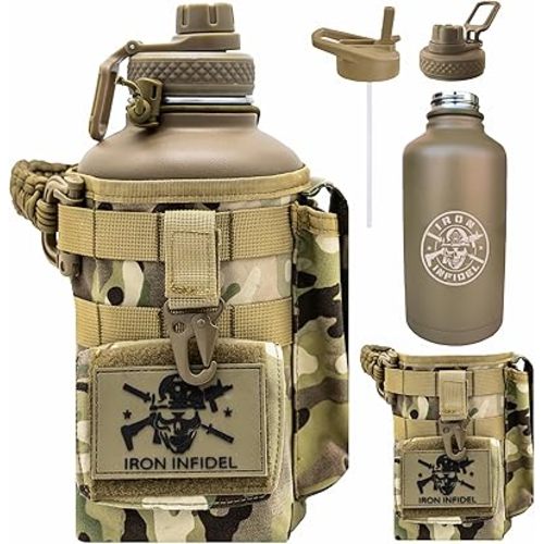 Iron Infidel Battle Bottle - Half Gallon Insulated Water Bottle with Paracord Handle - Large 64 oz Stainless Steel Water Jug & Rugged, Removable Sleeve For Keys, Wallet, Phone (OCP Camo 2 Liter)