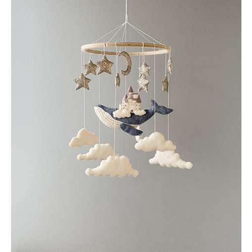Whale in the sky baby mobile, ocean nursery decor, felt whale mobile with clouds and moon, nautical crib mobile, baby shower gift