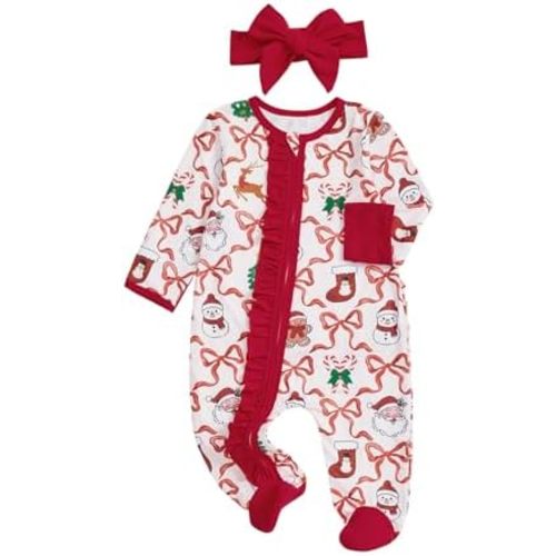 My First Christmas Baby Girl Outfit Newborn Bow Footie Jumpsuit Ruffle Zipper Romper Infant Coming Home Xmas Clothes