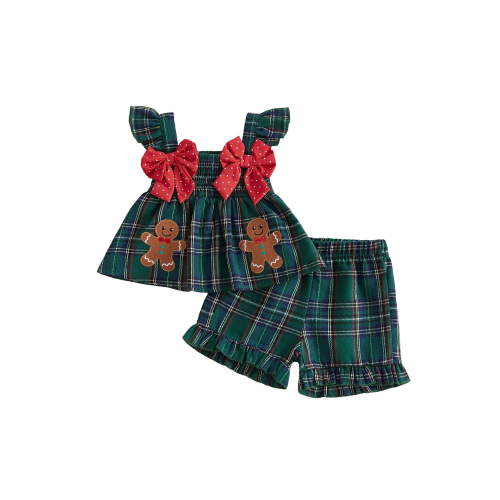 Loicainy Baby Toddler Girls Christmas Outfit 3 6 9 12 18 24 Months 2T 3T Flying Sleeve Plaid Tank Tops and Shorts Clothes Set