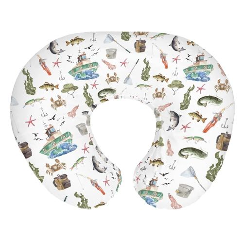Gone Fishing Baby Nursing Pillow Covers for Boy Girl Ocean Boats Fishes Crabs Seaweed Nursing Pillowcase for Breastfeeding Pillows Fishing Lovers Gift Soft Stretchy Slipcovers for Newborn Infant