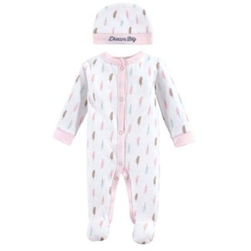 Luvable Friends Baby Girls Cotton Preemie Snap Sleep and Play and Cap 2pc Set, Feathers, Preemie