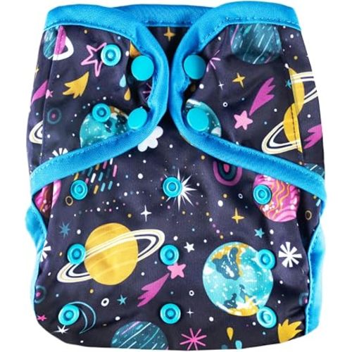 OsoCozy One Size Reusable Cloth Diaper Covers - Adjustable Snap Fit & Double Leg Gussets for Baby Boys & Girls from 8-35 Pounds - Planets & Stars