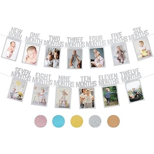 PartyHooman 1st Birthday Photo Banner for Baby from Newborn to 12 Months, First Birthday Decorations Girl Monthly Milestones Garland | First Photo Banner Pre-strung with Frame (Silver)
