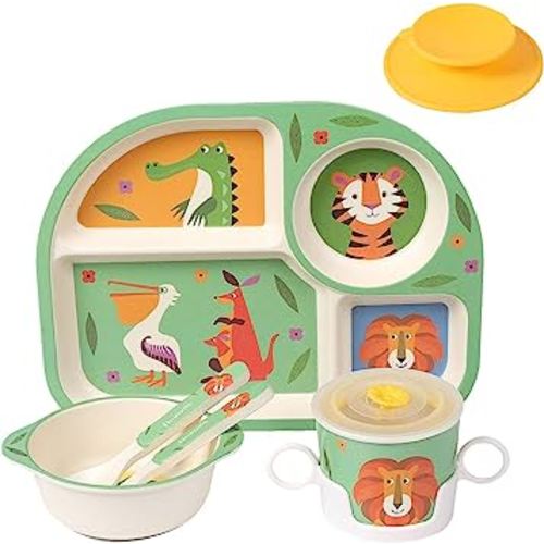 shopwithgreen 7Pcs/Set Bamboo Kids Dinnerware Set - Children Dishes - Food Plate Bowl Cup Spoon Fork Set Dishware, Cartoon Tableware, Dishwasher Safe Kids Healthy Mealtime, BPA Free