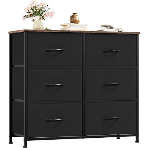 Somdot Dresser for Bedroom with 6 Drawers, 3-Tier Wide Storage Chest of Drawers with Removable Fabric Bins for Closet Nursery Bedside Living Room Laundry Entryway Hallway, Black Rustic Brown