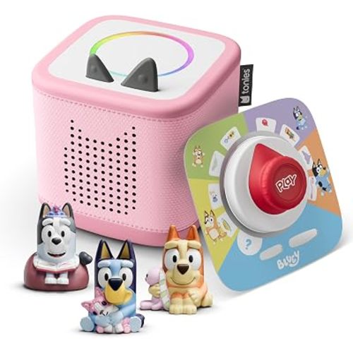 Toniebox 2 Audio Player Speaker Bundle for Kids 3+ with Bluey, Bingo, and Muffin Figurines and Tonieplay Game & Controller - Cloud Pink