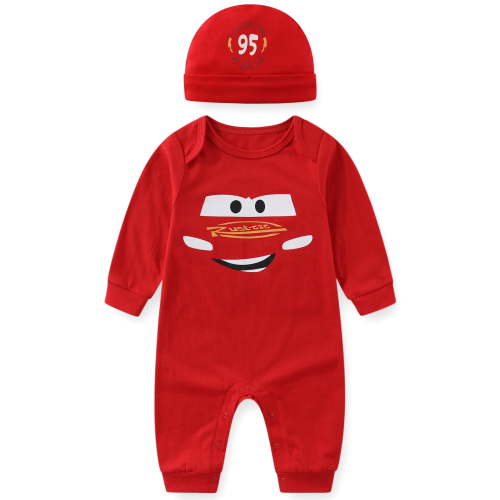 Disney Cars Lightning McQueen Long Sleeve Romper Coverall with Hat (Baby Boys), 2 Piece Set, Sizes NB-24M