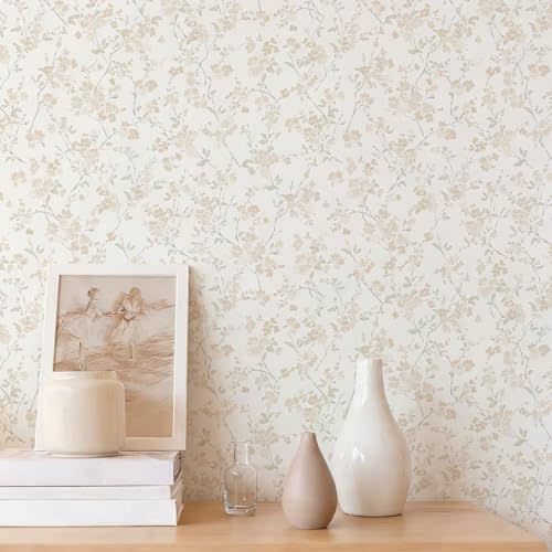 Peel and Stick Wallpaper for Nursery Beige Cherry Blossom Waterproof | 78.7"×17.3" Neutral Floral Watercolor Wallpaper Gentle Accent Wall Decor with Grid Lines for Bedroom Vinyl Self-adhesive