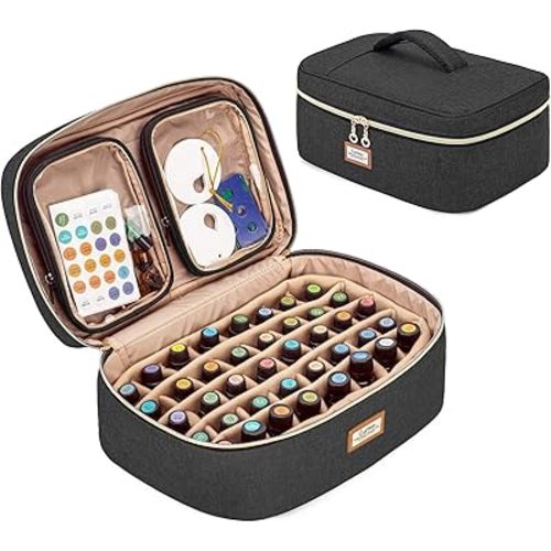 CURMIO Essential Oil Storage Case for 40 Bottles (5ml-30ml), Essential Oils Organizer Case with 2 Detachable Visible Pouches and Portable Handle, Patented Design, Black (Bag Only)