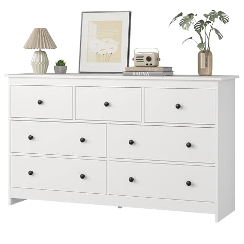 JOZZBY 7 Drawer Dresser for Bedroom, 55 Inch White Wooden Large Dresser with Golden Handles, Modern Chests of Deep Drawers Organizer for Home Office, Hallway
