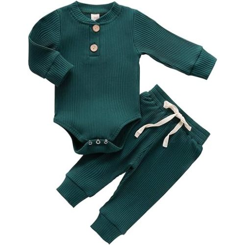 Newborn Baby Boy Girl Clothes Ribbed Knitted Cotton Long Sleeve Romper Long Pants Solid Color Fall Winter Outfits