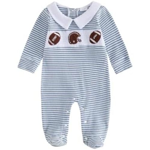 Bagilaanoe Fall Newborn Baby Boy Footie Romper Collared Football/DuckJumpsuit Footed One Piece Clothes Waffle Knit Outfit