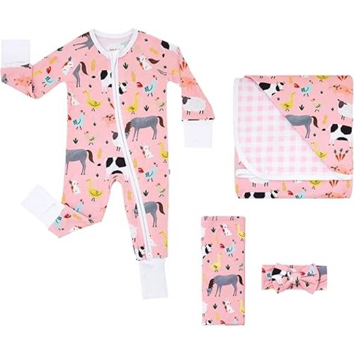 Little Sleepies Pink Farm Animals Sleepy Time Bundle, Includes Newborn Swaddle + Headband Set, 2-Way Zipper Pajamas, and Large Breathable Cloud Blanket for Hot Sleepers, Newborn