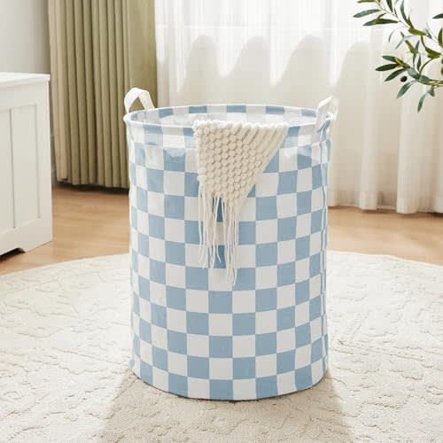 Ohocut Blue Checkered Laundry Basket, Collapsible Aesthetic Cute Canvas Organizer Hamper Basket for Storage, Toy Bins, Bedroom Clothes, Children Nursery, Gift Basket