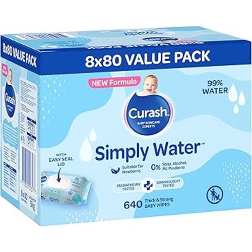 New Formula Curash Simply Water Baby Wipes, 8x80 Pack, Suitable for Newborns, 99% Purified Water, No Soap, Alcohol or Parabens, Thick & Soft Texture, Everyday Cleansing and Nappy Changes, 640 Wipes