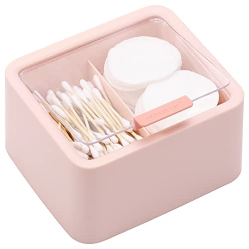 Tecbeauty Qtips Storage Organizer - 2 Grids Separate Cotton Swabs Dispenser Qtips Holder Bathroom Canisters with Hinged Lids for Cotton Balls, Pads, Pink