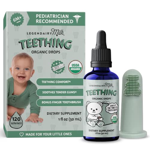 Legendairy Milk Organic Baby Teething Drops with Toothbrush, 120 Servings | Chamomile, Clove & Echinacea Blend to Help Soothe Painful and Swollen Gums During Teething for Babies 6+ Months, Sugar Free