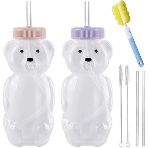 Honey Bear Straw Cups, Juice Bear Bottle Drinking Cup Long Straws with 4 Flexible Straws & Cleaning Tools, 8-Ounce Therapy Sippy Bottles for Speech and Feeding Training, Food-Grade & BPA Free 2 Pack